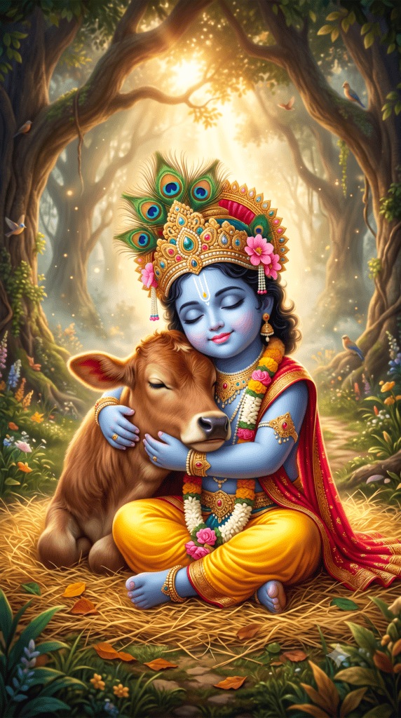 Cute Baby Krishna lovingly hugging a baby calf in a peaceful forest HD wallpaper