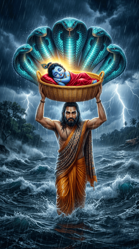 Baby Lord Krishna protected by Sheshnag while Vasudeva carries him across the river during a storm HD wallpaper
