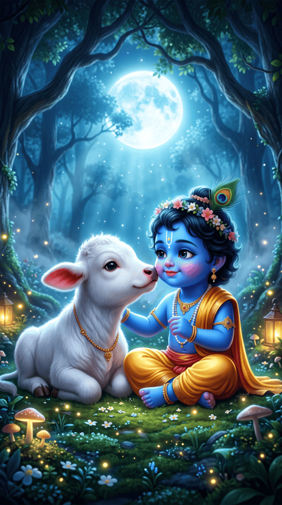 Cute Baby Krishna playing with a white calf under the full moon in a magical forest HD wallpaper