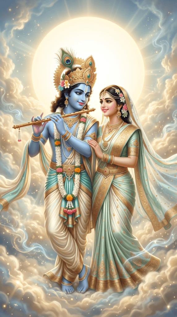 Divine Radha Krishna standing together in heavenly clouds with glowing golden light HD wallpaper