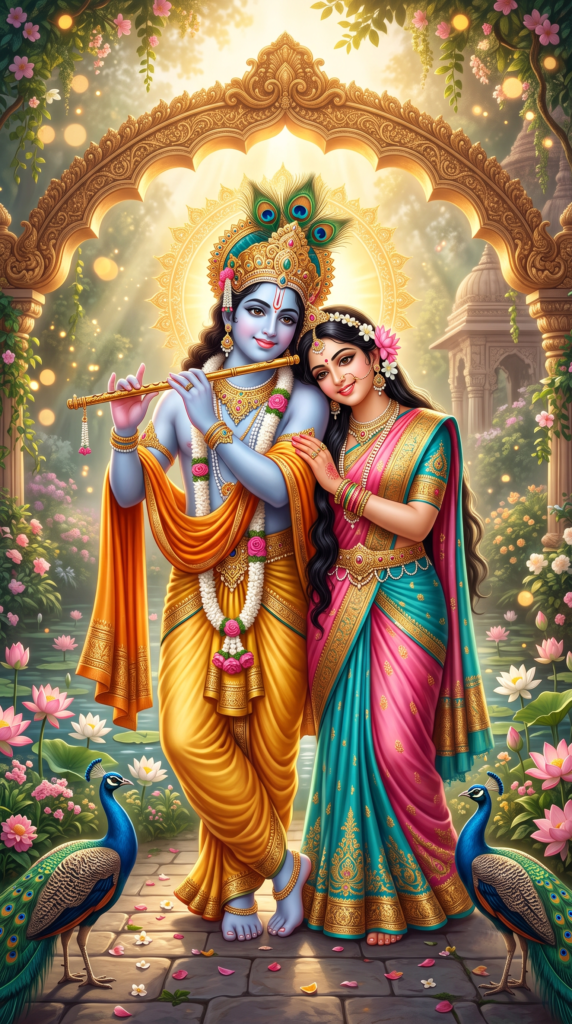 Divine Radha Krishna portrait in a beautiful garden with peacocks and lotus flowers HD wallpaper