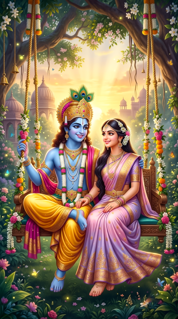Beautiful Radha Krishna sitting on a decorated floral swing in a divine garden HD wallpap