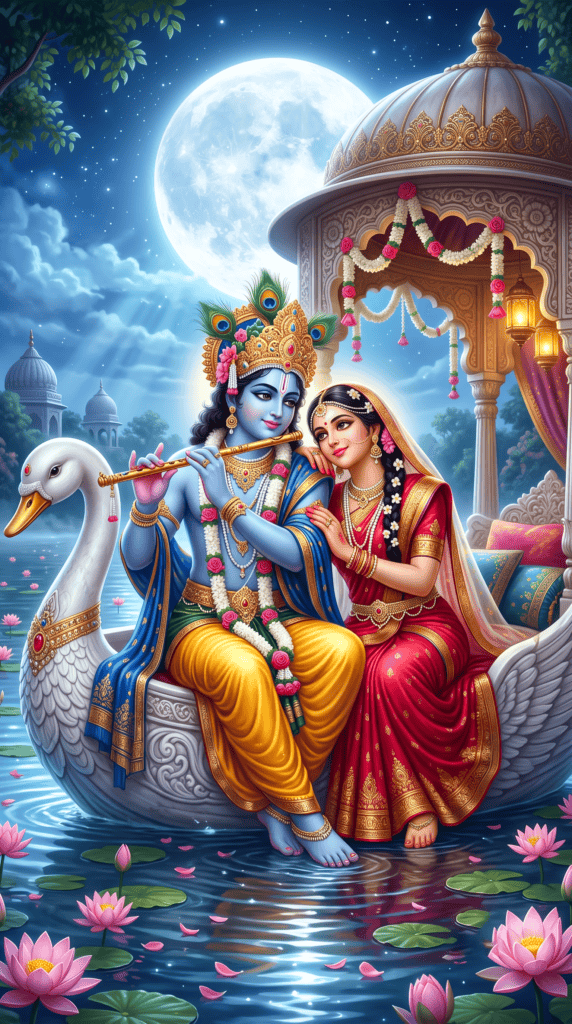 Romantic Radha Krishna sitting on a white swan boat under the moonlight surrounded by lotus flowers
