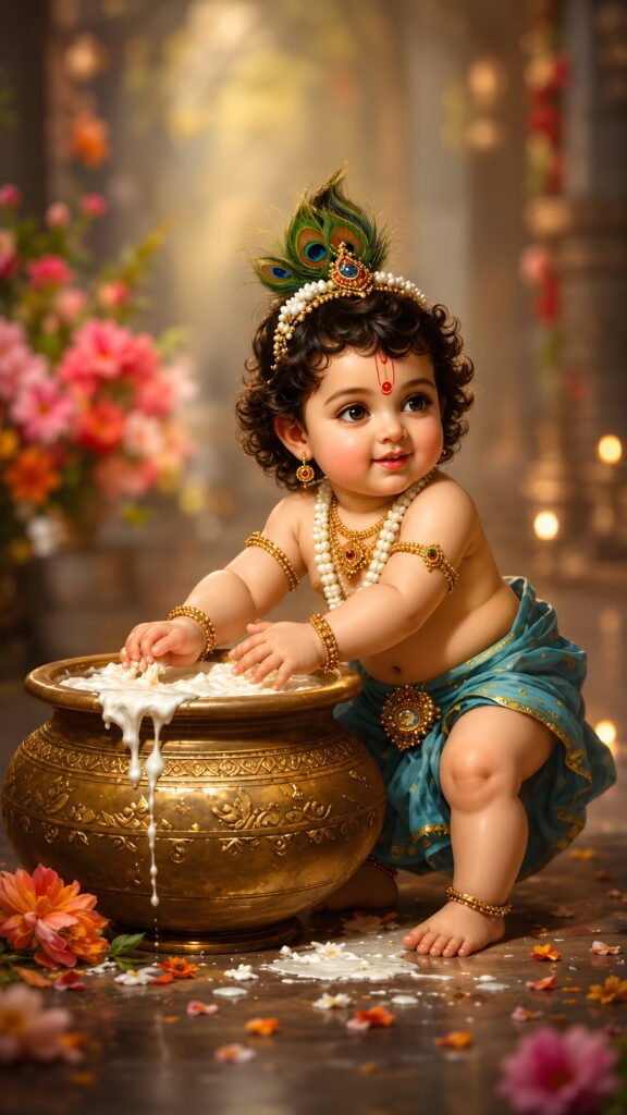 Top Krishna HD Wallpapers
Baby Krishna playing with butter in a traditional golden pot