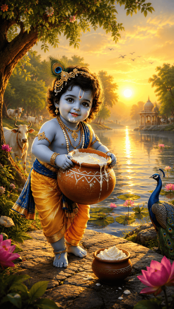 Baby Krishna carrying a butter pot beside a calm river at sunset.