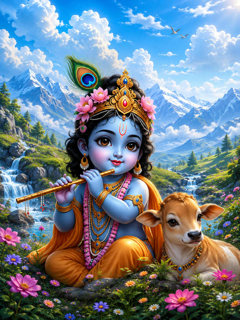 Baby Krishna playing flute with a baby calf beside him in a mountain valley.