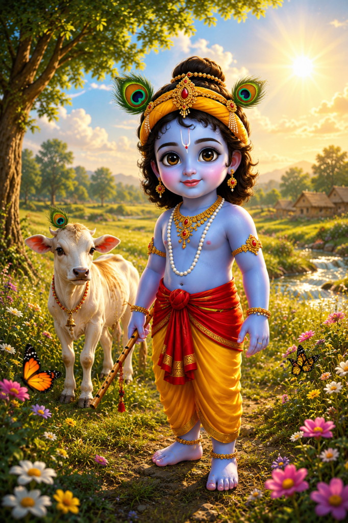Baby Krishna standing with a calf in a peaceful village landscape.