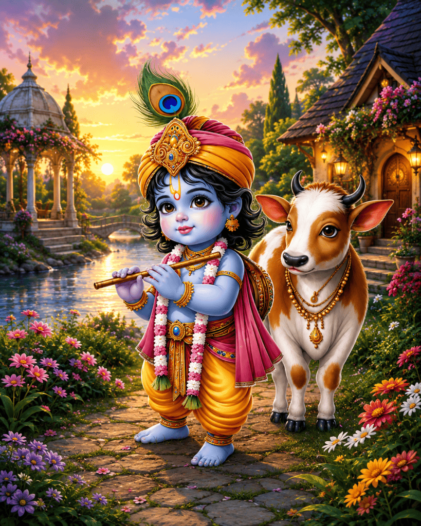 Cute Baby Krishna standing beside a sacred cow in a beautiful village garden.
