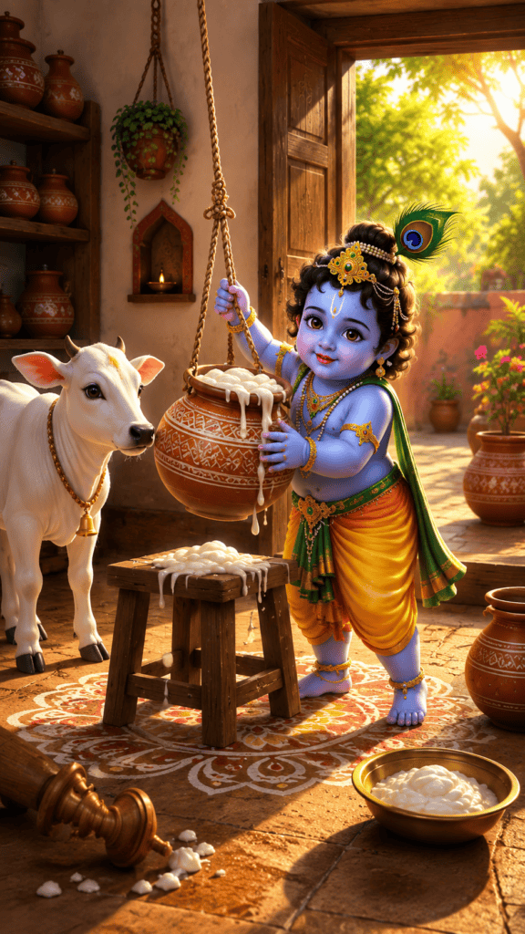 Baby Krishna standing with flute surrounded by sacred cows in a green landscape.