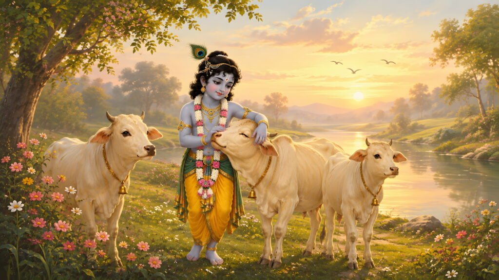 Baby Krishna with cows beside a river at sunset