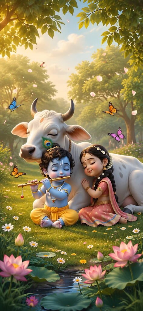 Baby Krishna playing flute with Radha and a cow in a flower garden