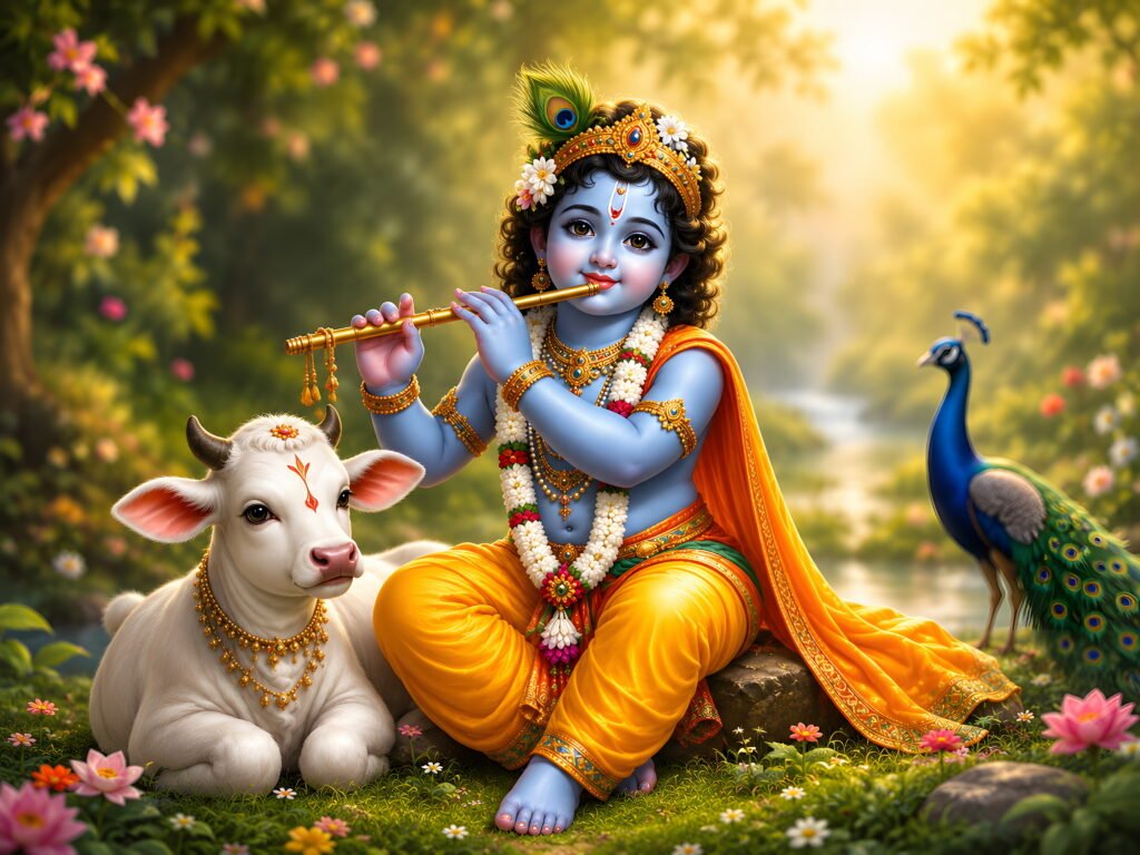 Lord Krishna playing flute with a cow and peacock