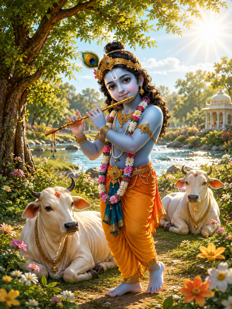 Baby Krishna standing with flute beside sacred white cows in a beautiful garden.