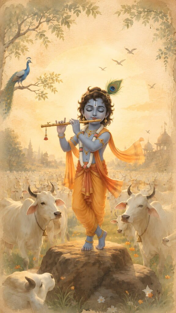 Baby Krishna playing flute surrounded by cows in golden sunlight