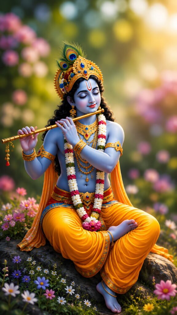Krishna playing flute in a colorful flower garden