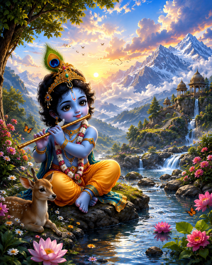 Baby Krishna playing flute beside a river with Himalayan mountains in the background.