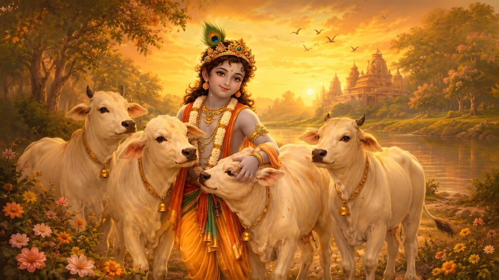 Baby Krishna with cows beside a river at sunset