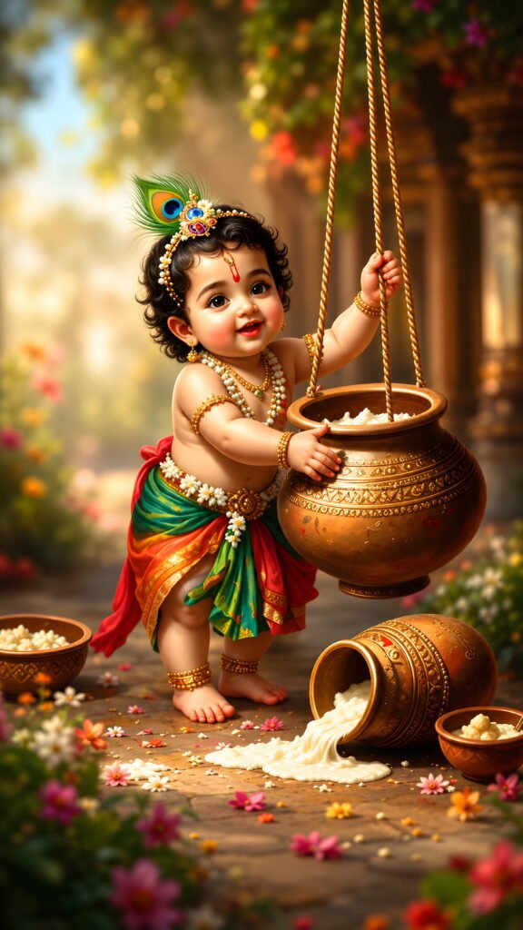 Baby Krishna reaching for a hanging butter pot matki