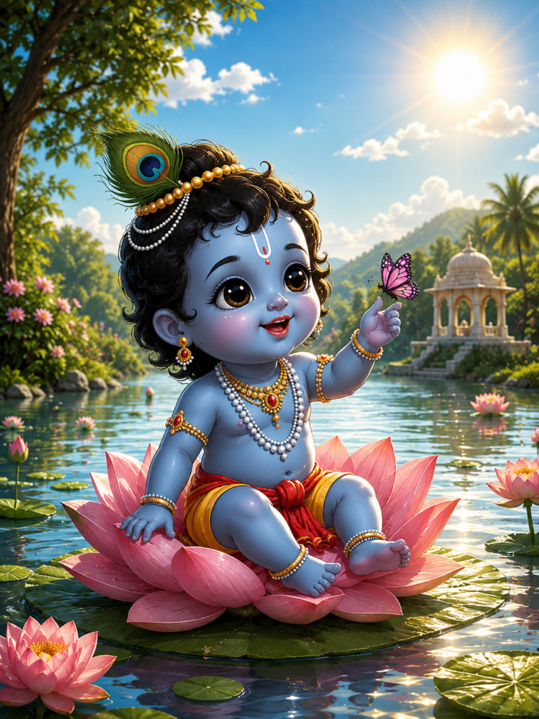 Cute Baby Krishna sitting on a lotus flower while watching a butterfly.
