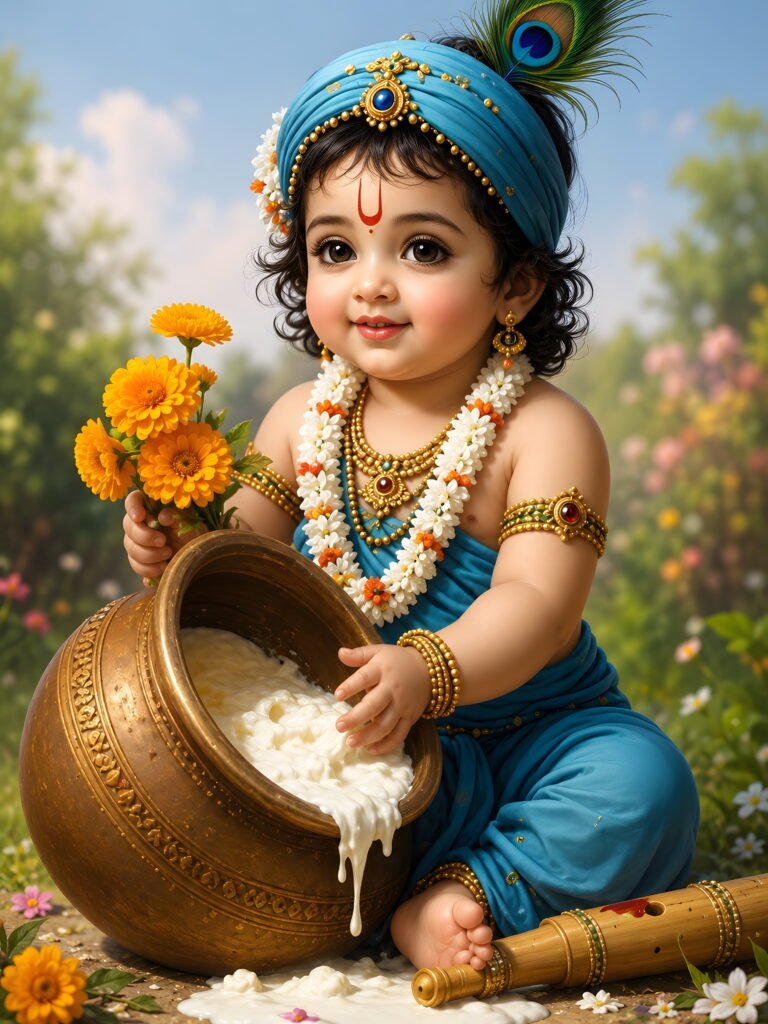 Baby Krishna sitting beside a butter-filled matki
