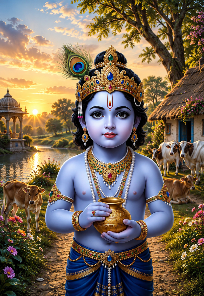 Baby Krishna holding a butter pot while standing in a peaceful village.