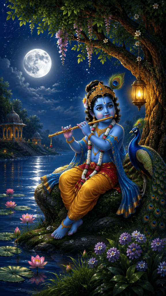 Baby Krishna playing flute under the full moon beside a peaceful lake.
