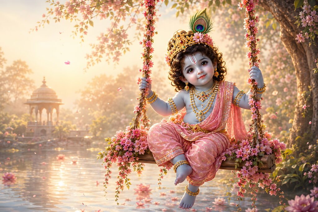 Baby Krishna sitting on a flower swing beside a lake