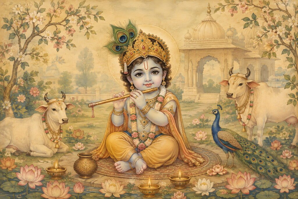Krishna playing flute with Radha, cows and peacock