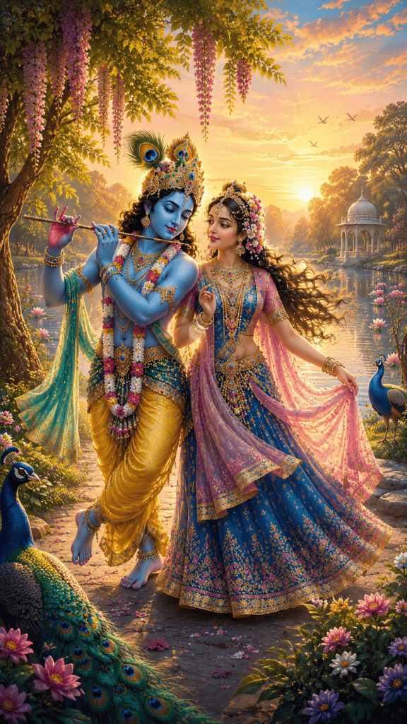 Baby Krishna and Radha dancing together in a beautiful flower garden.