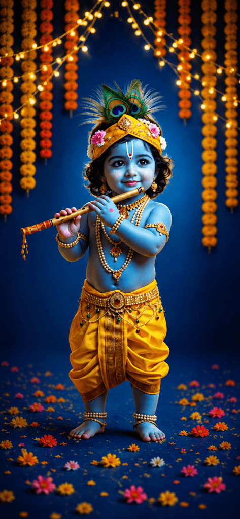 Baby Krishna and Radha Moonlight Flute 4K Wallpaper