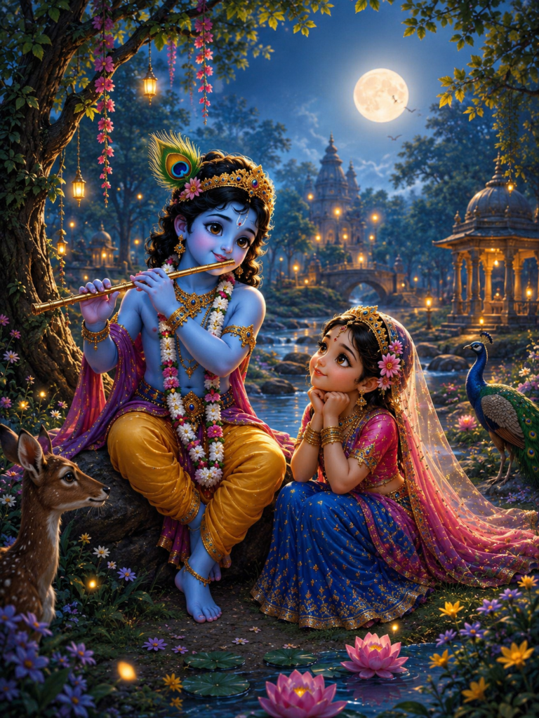 Baby Krishna playing flute while Radha admires him beside a moonlit river.