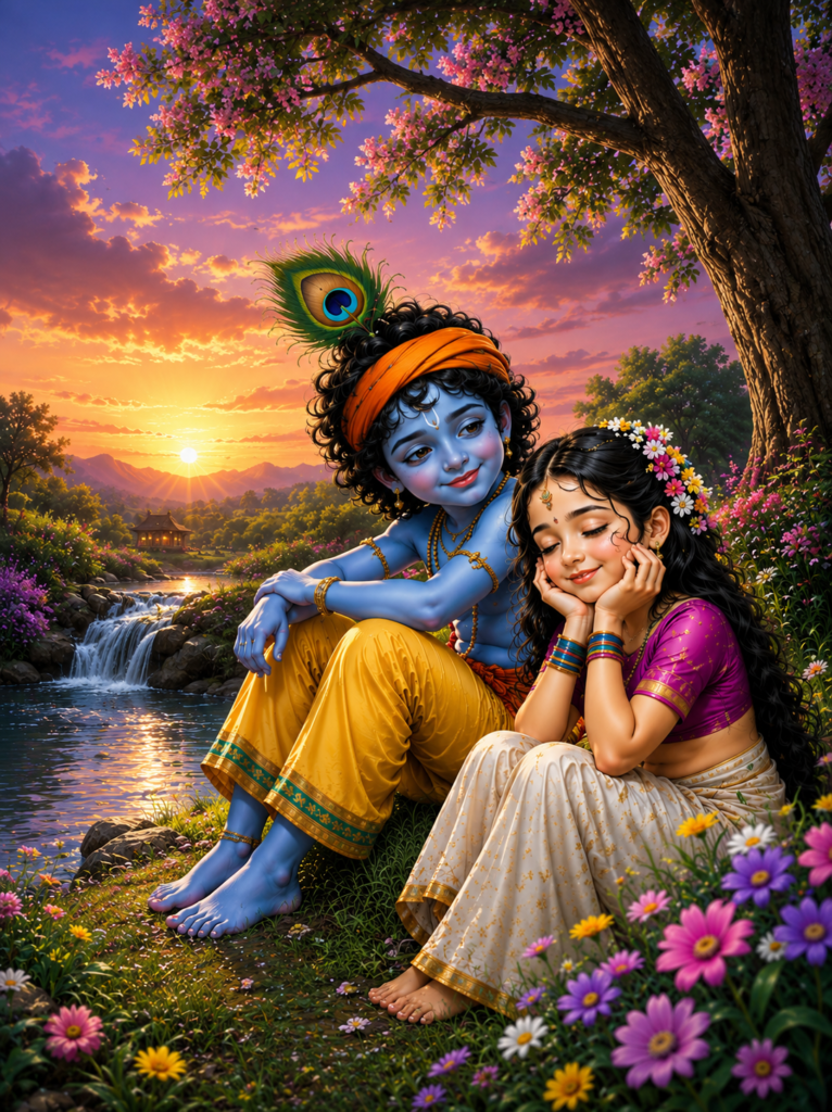 Baby Krishna and Radha relaxing together beside a river during a colorful sunset.
