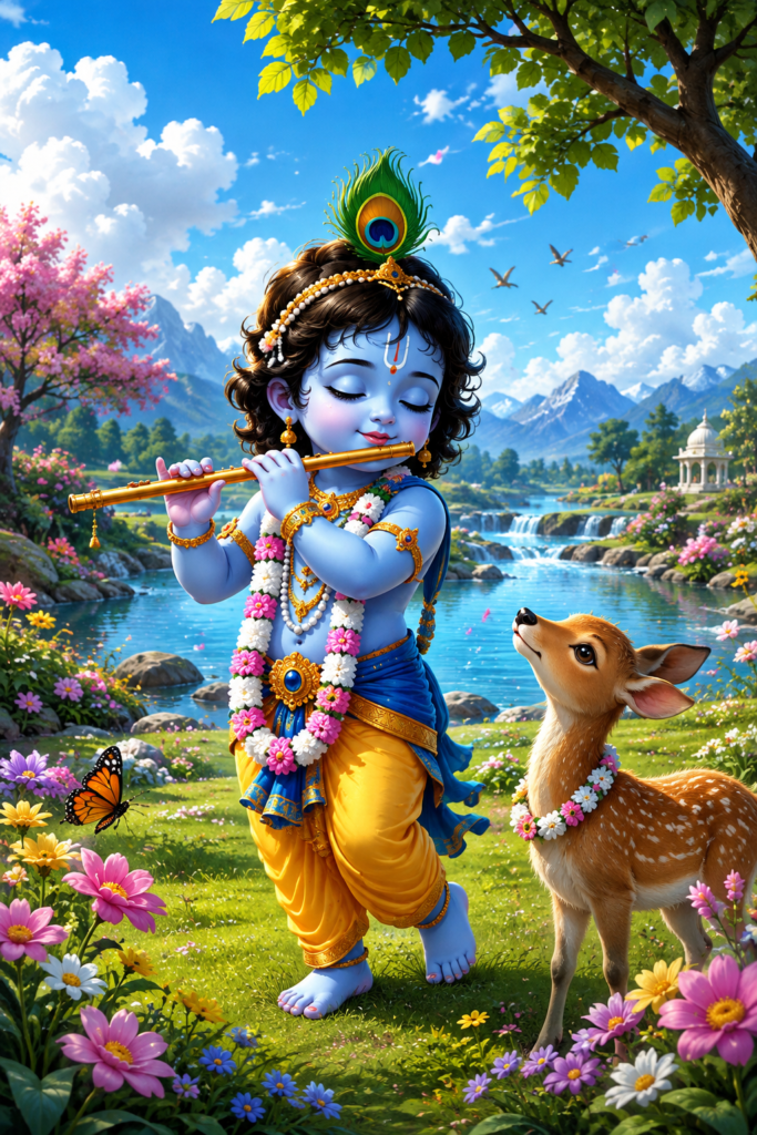 Baby Krishna playing the flute beside a deer near a peaceful riverside.