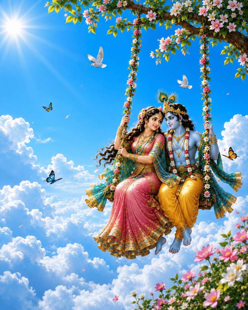 Baby Krishna and Radha sitting together beside a river during a colorful sunset.