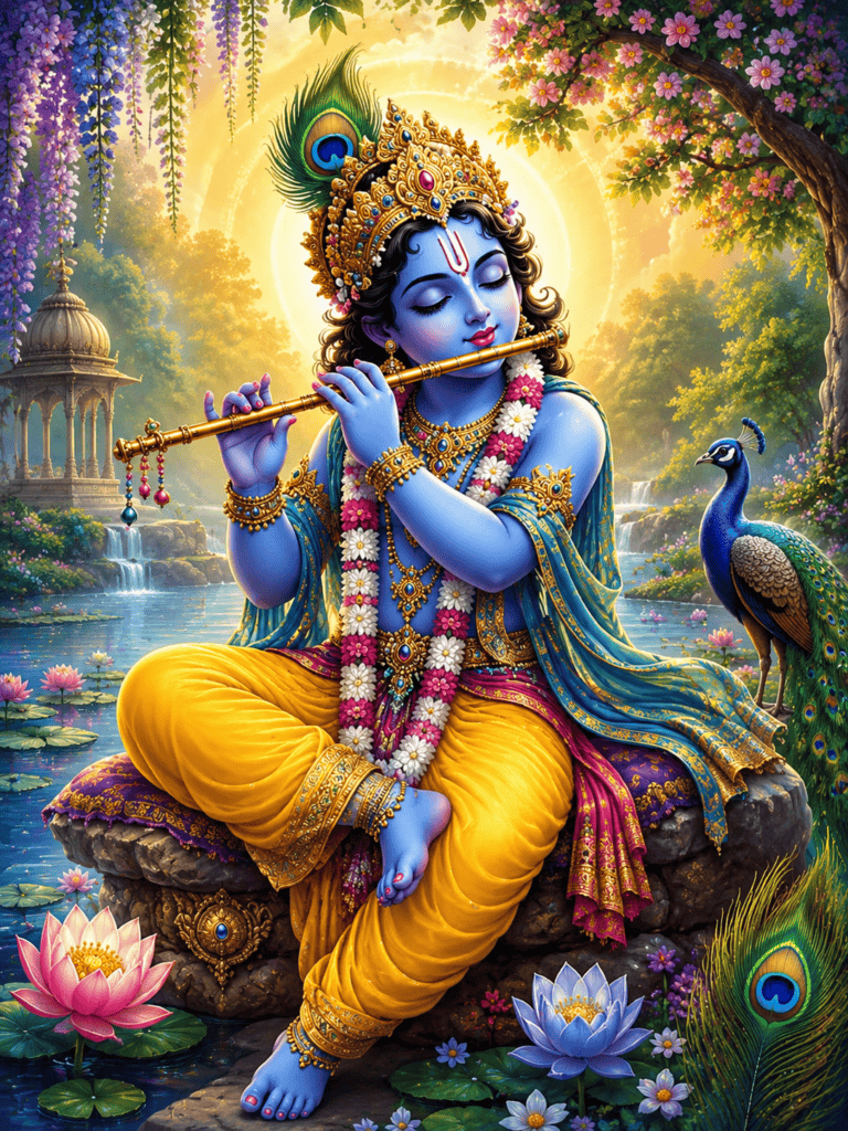 Baby Krishna playing flute beside a river with a peacock in a beautiful garden.