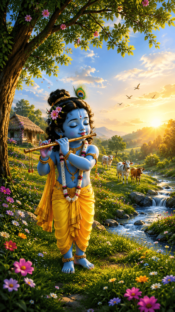 Cute Baby Krishna sitting on a pink lotus while playing with a butterfly.