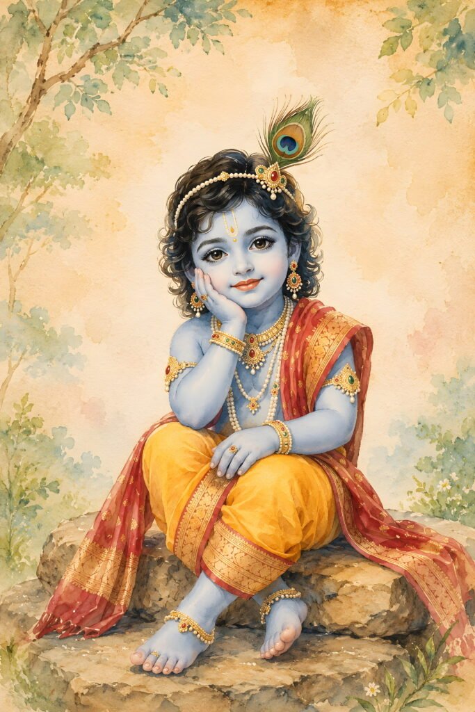 Cute Baby Krishna sitting with a peacock feather