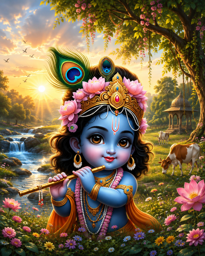 Cute Baby Krishna playing flute during sunrise in a peaceful flower garden.
