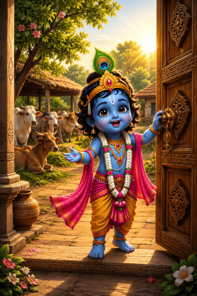 Cute Baby Krishna standing with a flute near a sacred cow in a village garden.