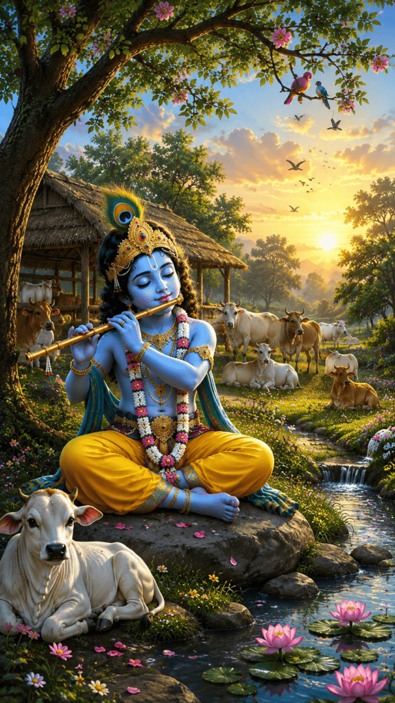 Close-up portrait of Lord Krishna playing flute with peacock feathers and floral garland.