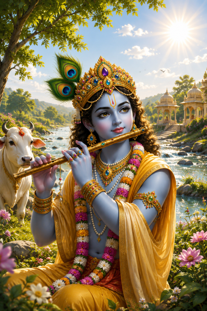 Close-up portrait of Krishna playing the divine flute with a sacred crown.