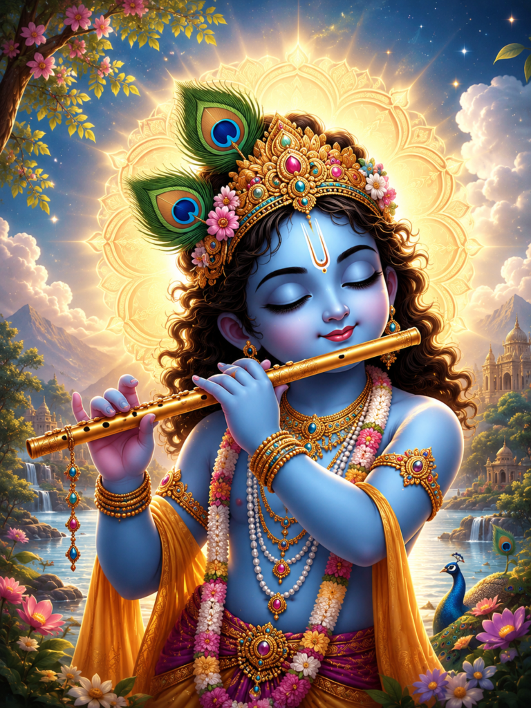 Krishna playing flute with a glowing divine halo and peacock feathers.