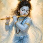 Krishna playing flute in blue watercolor artwork