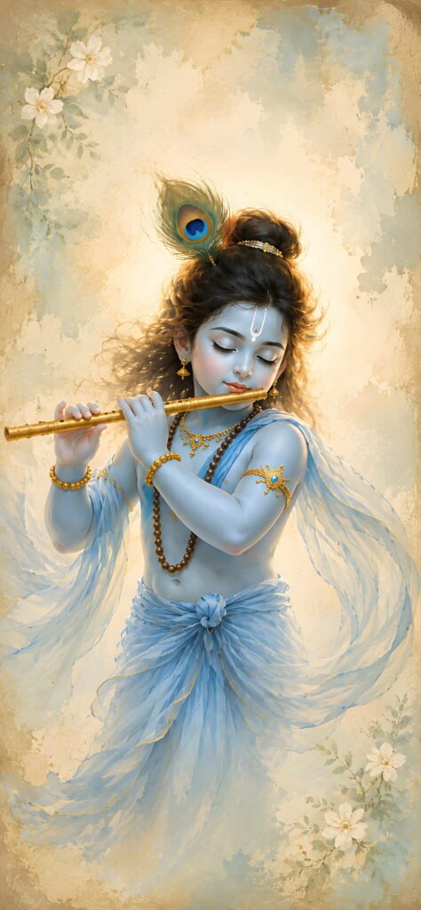 Krishna playing flute in blue watercolor artwork