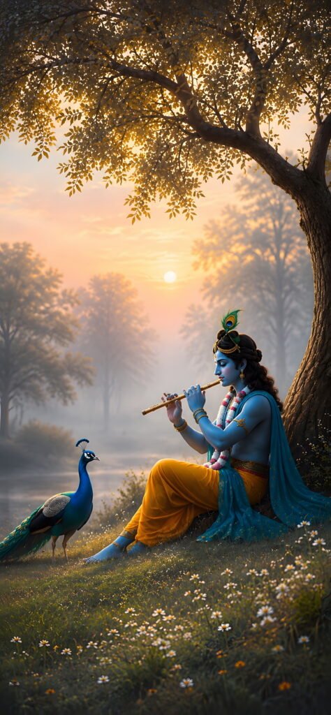 Krishna playing flute with a peacock at sunset