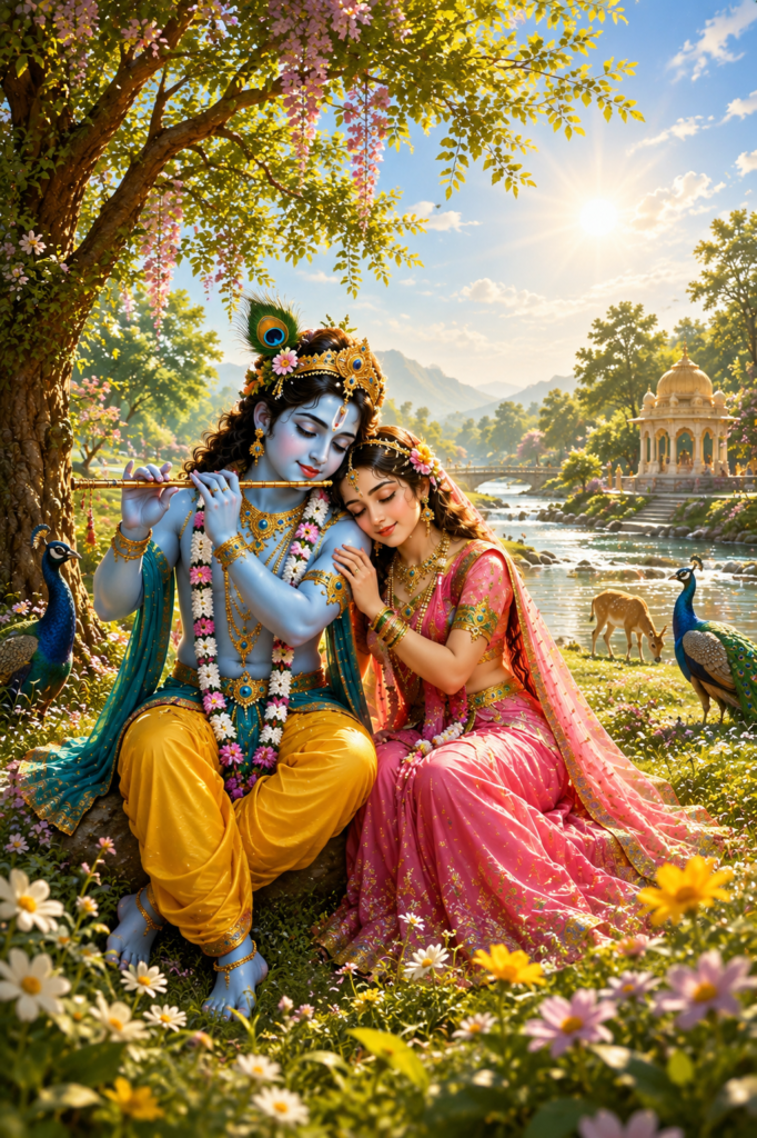 Krishna playing flute while Radha lovingly rests beside him in a sunny garden.