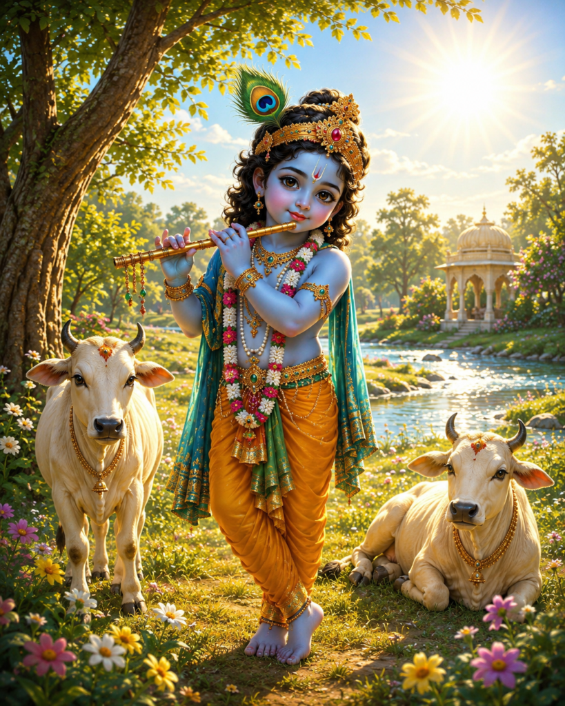 Little Krishna playing flute beside cows near a peaceful riverside.