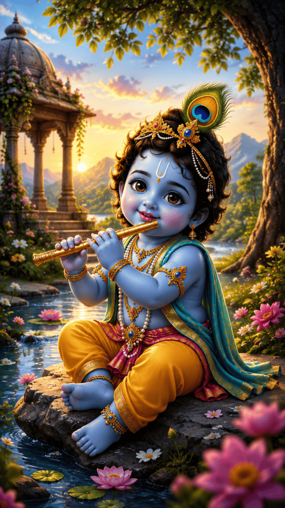 Baby Krishna playing flute while Radha rests beside him in a bright morning garde