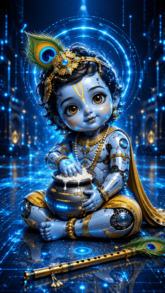 Cute Robot Baby Krishna holding a butter pot inside a futuristic cyber world with glowing blue lights.