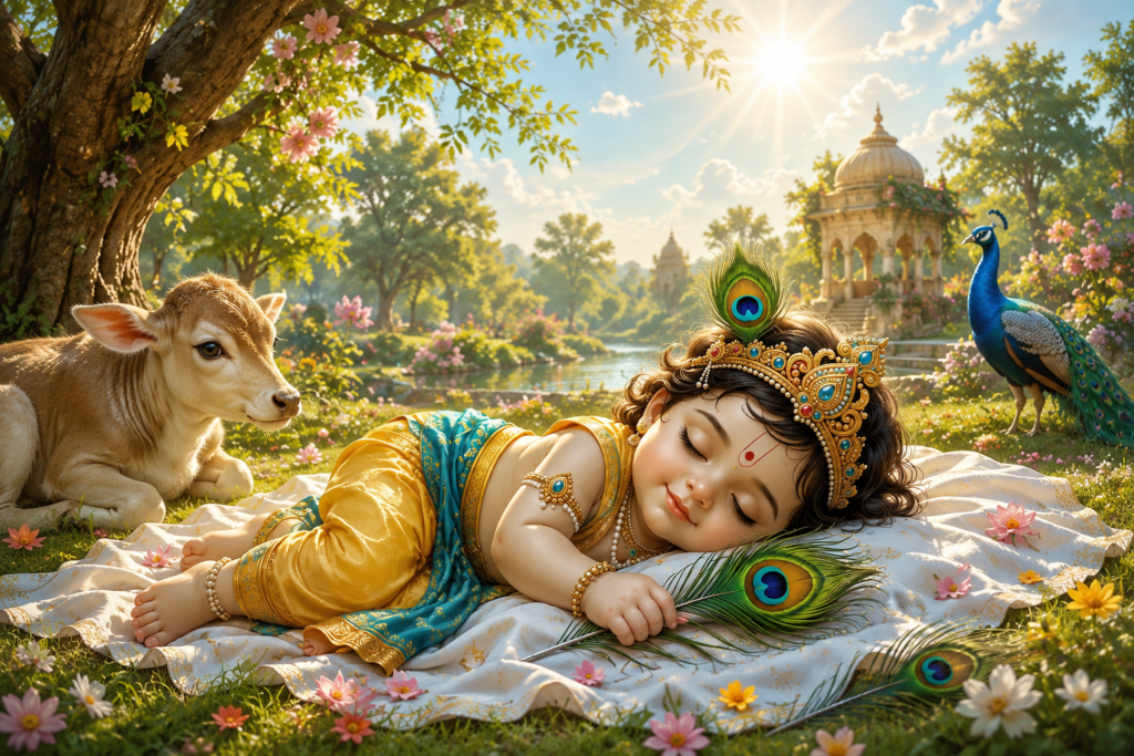 Cute Baby Krishna sleeping peacefully with peacock feathers in a garden.
